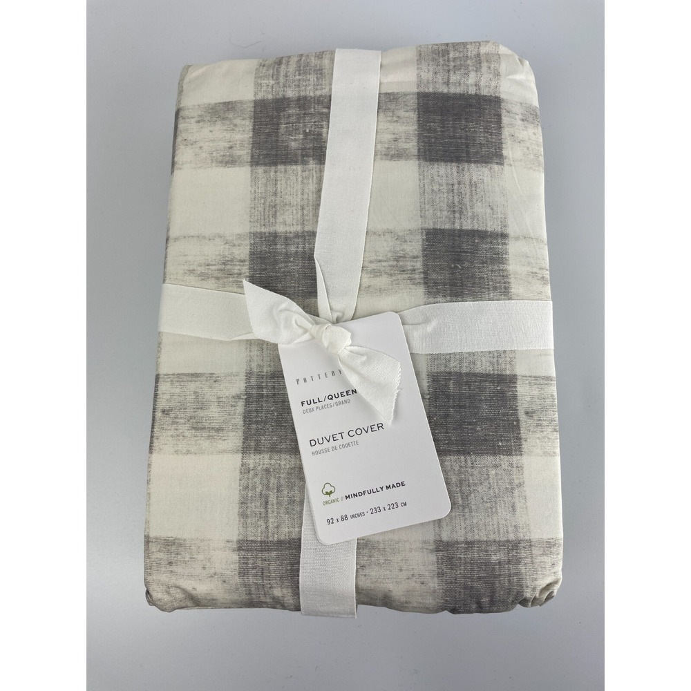 Pottery Barn Rhett Check Organic Percale Duvet Cover‎ Full/Queen Gray NWT $149